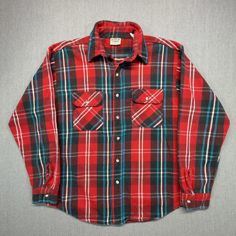 Five Brother Flannel Shirt Mens L Red Blue Plaid Heavyweight Button Down USA